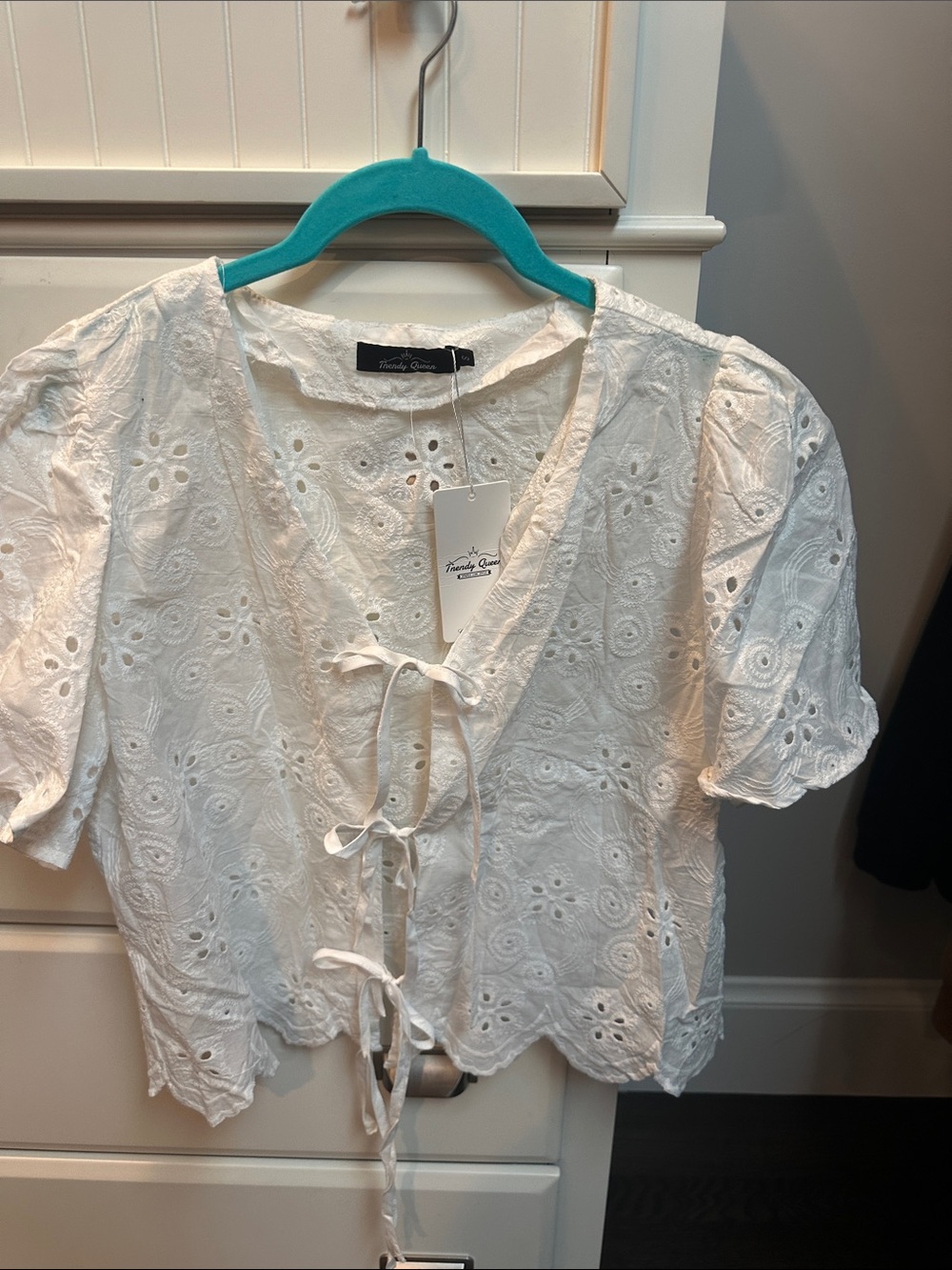 Eyelet Tie-Front Cotton Blouse in White